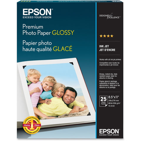 Epson Print Premium Photo Paper Glossy,letter, 25 Sheets, Basis Weight: 68 Lb. (252 G/m2); T