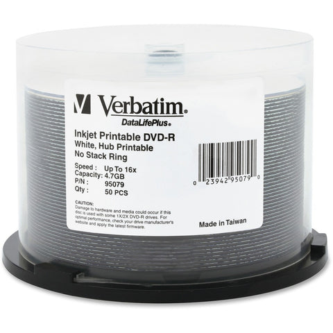 Verbatim Americas Llc Dvd-r 4.7gb 16x Datalifeplus, White Inkjet Printable, Hub Printable 50pk Spindle