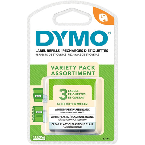 Dymo Letra Tag 3 Pak Tape, 1/2 X 13, 1 White Paper Tape, 1 White Plastic, 1 Clear Pla