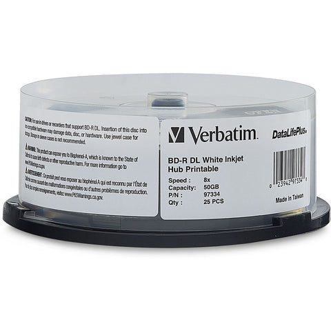 Verbatim Americas Llc Bd-r Dl 50gb 8x, White Label, Datalife+, White Inkjet Hub Printable, 25pk Spindl