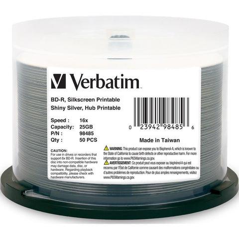 Verbatim Americas Llc Verbatim Bd-r 25gb 16x Shiny Silver Silk Screen Printable, Hub Printable-50pk Sp