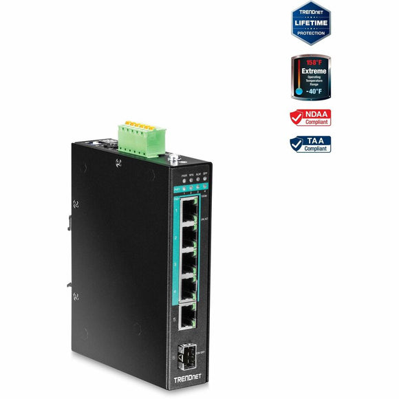 TRENDnet 5-Port Hardened Industrial Gigabit PoE+ DIN-Rail Switch, 120W Power Budget, 1 x SFP Slot, IP30 Rated, Unmanaged Switch, Gigabit PoE+ Network Switch, Lifetime Protection, Black, TI-PG541