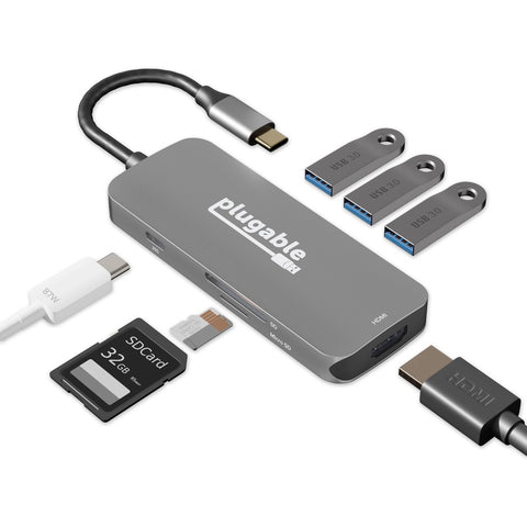 Plugable Technologies Usb C Hub Multiport Adapter, 7-in-1 Hub (4k Hdmi, 3 Usb 3.0, Sd & Microsd Card R