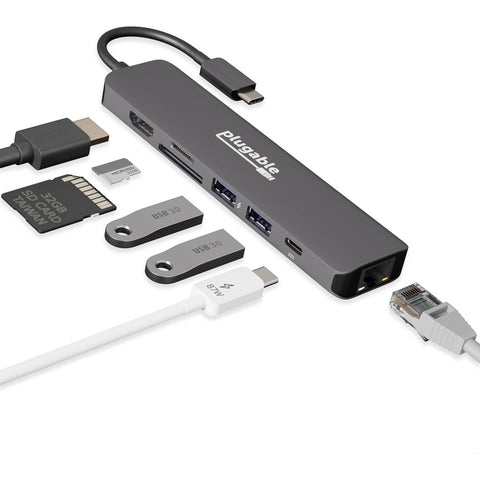 Plugable Technologies 7-in-1 Usb C Hub Multiport Adapter With Ethernet (92w Charging, Gigabit Ethernet