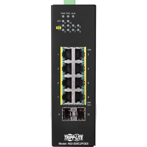 Tripp Lite by Eaton 8-Port Lite Managed Industrial Gigabit Ethernet Switch - 10/100/1000 Mbps, PoE+ 30W, 2 GbE SFP Slots, -10�° to 60�°C, DIN Mount - TAA Compliant