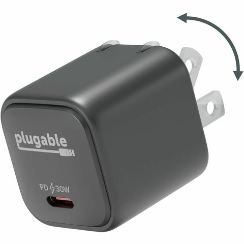 Plugable Technologies Plugable Gan Usb C Charger Block, 30w Portable Charger, Foldable Prongs, Fast Ch