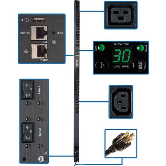 Tripp Lite PDU Monitored 5/5.8kW 208/240V, 20 C13 4 C19, LX Platform Interface, 0URM Rackmount Vertical TAA
