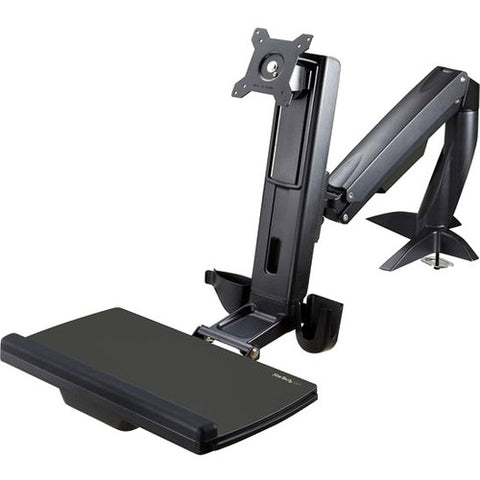 Desk mount sit-stand monitor arm supports single VESA display up to 34in (17.6lb) - Stand up desk | horizontal articulating | 360 rotating screen - Height adjustable ergonomic standing workstation converter with folding keyboard tray - Clamp-grommet - SystemsDirect.com