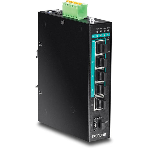 TRENDnet 6-Port Hardened Industrial Gigabit PoE+ Layered 2 Managed DIN-Rail Switch; TI-PG541i; 4 x Gigabit PoE+; 1 x Gigabit; 1 x Gigabit SFP Slot; IP30 Rated; 120 W Power Budget; Lifetime Protection