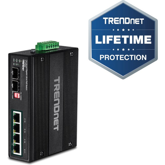 TRENDnet 6-Port Hardened Industrial Gigabit 10-100-1000 Mbps Ultra PoE DIN-Rail Switch; UPoE; IP30; DIN-Rail & Wall Mounts Included; Lifetime Protection; TI-UPG62