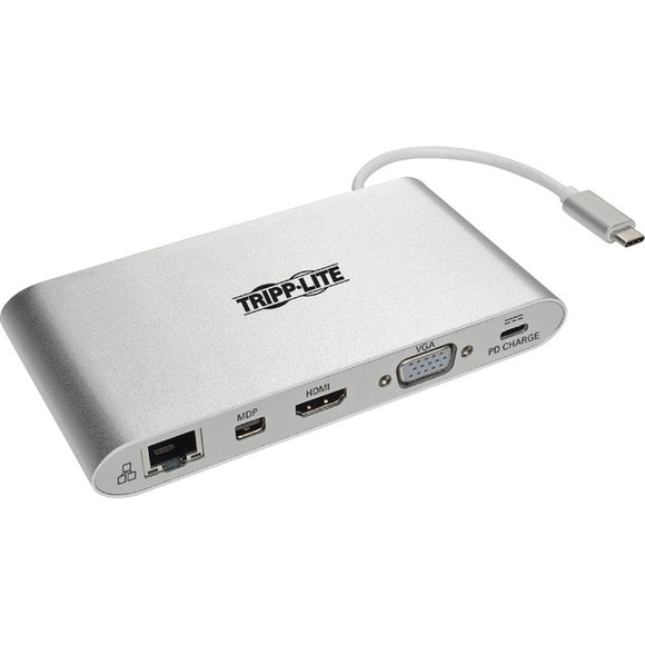 Tripp Lite USB-C Docking Station w- USB-A , HDMI, VGA, mDP, Gbe, Memory Cards 3.5mm, USB C PD Charging 4K @ 30Hz