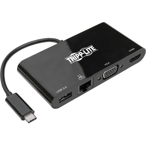 Tripp Lite USB C Docking Station Adapter Converter 4K w- HDMI, VGA, Gigabit Ethernet, USB-A Hub, Black, Thunderbolt 3 Compatible