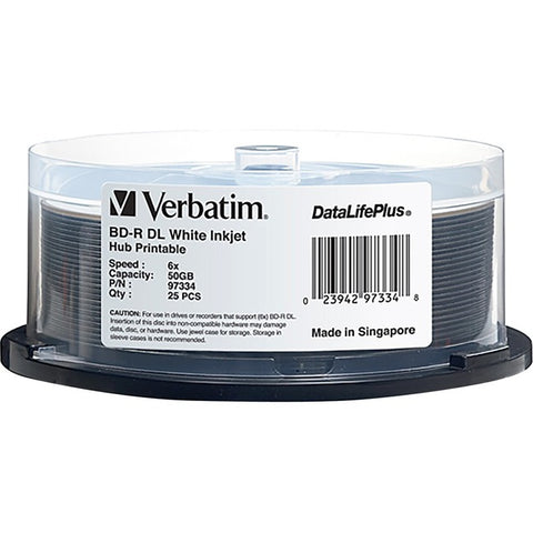 Verbatim BD-R DL 50GB 6X DataLifePlus White Inkjet Printable, Hub Printable - 25pk Spindle - SystemsDirect.com