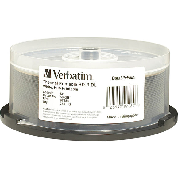Verbatim BD-R DL 50GB 6X DataLifePlus White Thermal Printable, Hub Printable - 25pk Spindle