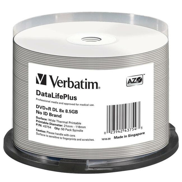 Verbatim DVD+R DL 8.5GB 8X DataLifePlus White Thermal Printable, Hub Printable - 50pk Spindle - SystemsDirect.com
