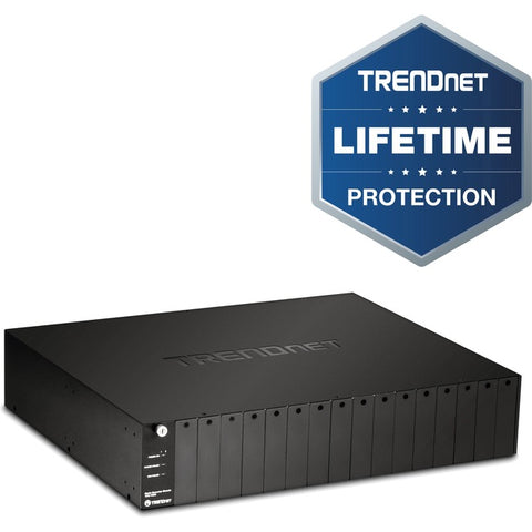 TRENDnet 16-Bay Fiber Converter Chassis System; Hot Swappable; Housing for up to 16 TFC Series Media Converters; Fast Ethernet RJ45; RS-232; SNMP Management Module; Lifetime Protection; TFC-1600