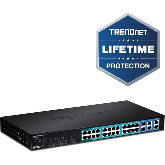 TRENDnet 28-Port 10-100Mbps Web Smart PoE+ Switch, 20 x PoE Ports, 4 x PoE+ Ports, 2 x Gigabit Ports, 2 x Shared Gigabit Ports (RJ-45 or SFP), Rack Mountable, Lifetime Protection, Black, TPE-224WS