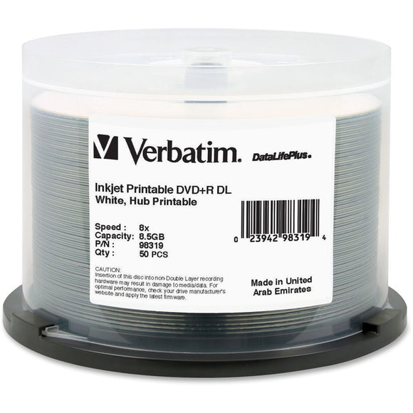 Verbatim DVD+R DL 8.5GB 8X DataLifePlus White InkJet Printable, Hub Printable - 50pk Spindle - SystemsDirect.com