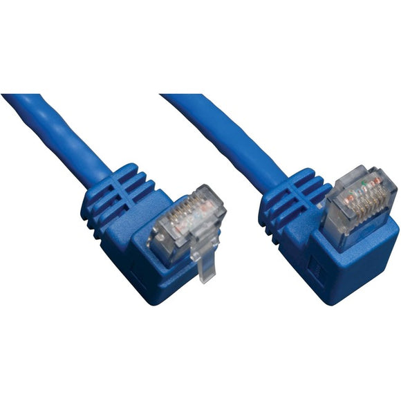 Tripp Lite 3ft Cat6 Gigabit Molded Patch Cable RJ45 Right Angle Down to Straight M/M Blue 3'