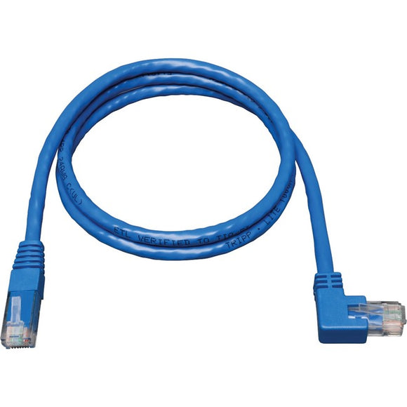 Tripp Lite 10ft Cat6 Gigabit Molded Patch Cable RJ45 Right Angle to Straight M/M Blue 10'