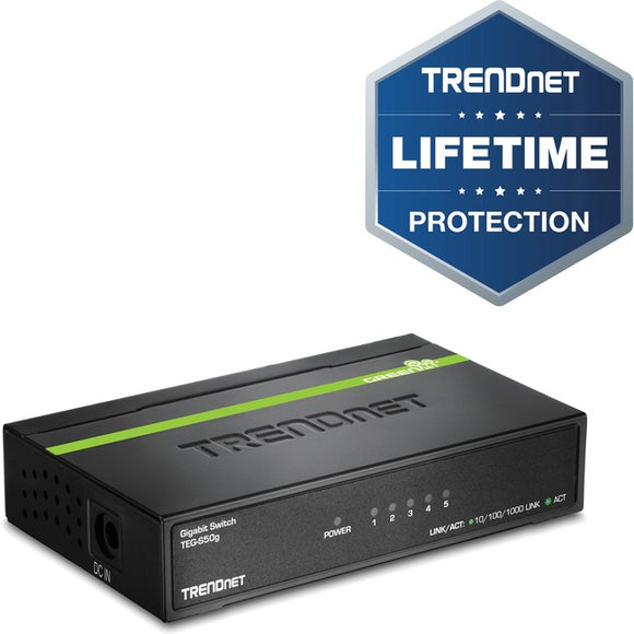 TRENDnet 5-Port Unmanaged Gigabit GREENnet Desktop Metal Switch, Ethernet-Network Switch, 5 x Gigabit Ports, Fanless, 10 Gbps Switching Fabric, Lifetime Protection, Black, TEG-S50g