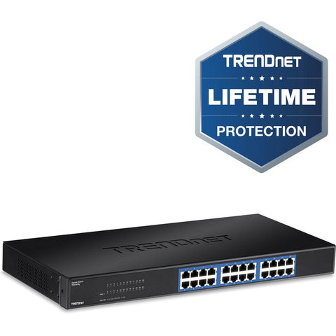TRENDnet 24-Port Unmanaged Gigabit 10/100/1000 Mbps GREENnet Switch, 24 x Gigabit RJ-45 Ports, 48 Gbps Switch Fabric, Fanless, Metal Housing, Rack Mountable, Lifetime Protection, Black, TEG-S24G
