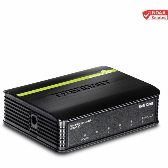 TRENDnet 5-Port Unmanaged 10/100 Mbps GREENnet Ethernet Desktop Plastic Housing Switch; 5 x 10/100 Mbps Ports; 1Gbps Switching Capacity; TE100-S5