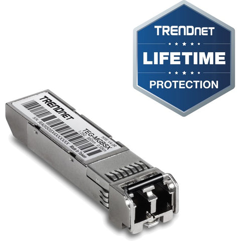 TRENDnet SFP Multi-Mode LC Module, Up To 550m (1800 Ft), Mini-GBIC, Hot Pluggable, IEEE 802.3z Gigabit Ethernet, Supports Up To 1.25 Gbps, Lifetime Protection, Silver, TEG-MGBSX