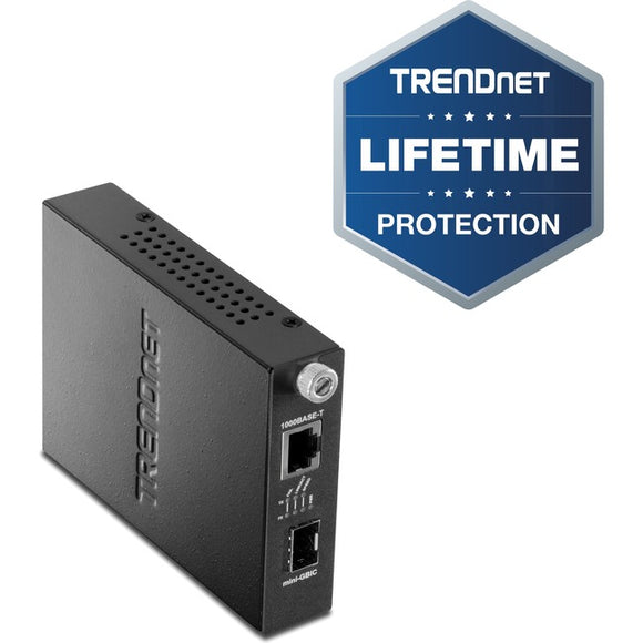 TRENDnet 100/1000Base-T To SFP Fiber Media Converter, Fiber To Ethernet Converter, 1 x 10/100/1000Base-T RJ-45 Port,1 x Mini-GBIC Slot, Lifetime Protection, Black, TFC-1000MGA