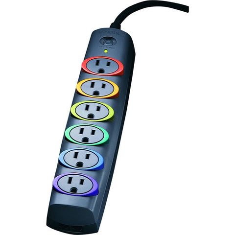Kensington® SmartSockets® Surge Strip, 370 Joules, 6' Cord, 6 Power & 1 Phone Outlet, Color Coded