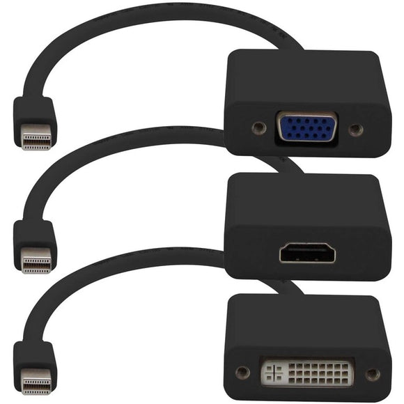 3PK Mini-DisplayPort 1.1 Male to DVI, HDMI, VGA Female Black Adapters Which Comes in a Bundle For Resolution Up to 1920x1200 (WUXGA)