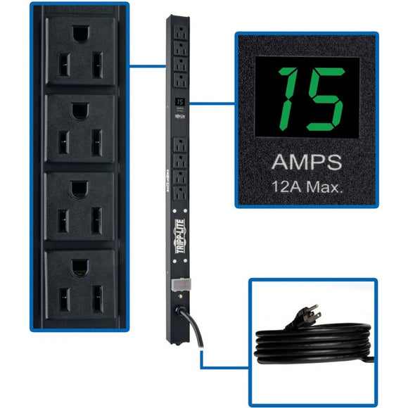 Tripp Lite PDU 1.5kW Single-Phase Local Metered PDU 100-127V Outlets (8 5-15R) 5-15P 15 ft. (4.57 m) Cord 0U Vertical 24 in.