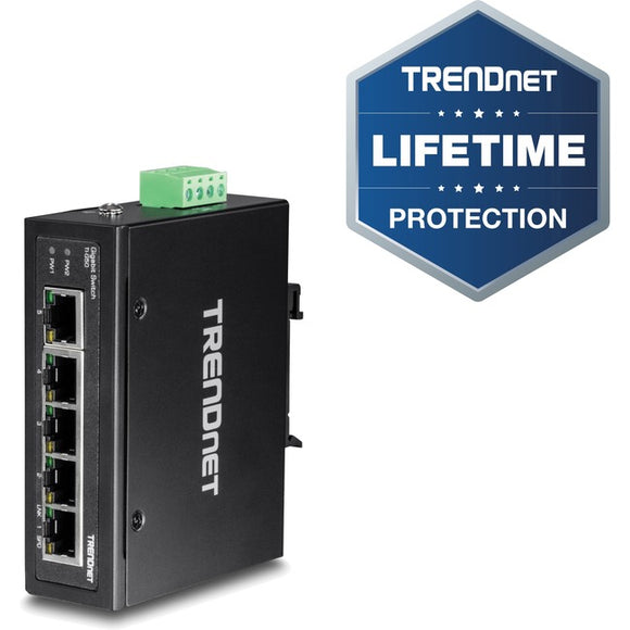 TRENDnet 5-Port Hardened Industrial Gigabit DIN-Rail Switch, 10 Gbps Switching Capacity, IP30 Rated Network Switch (-40 to 167 ?F), DIN-Rail & Wall Mounts Included, Lifetime Protection, Black, TI-G50