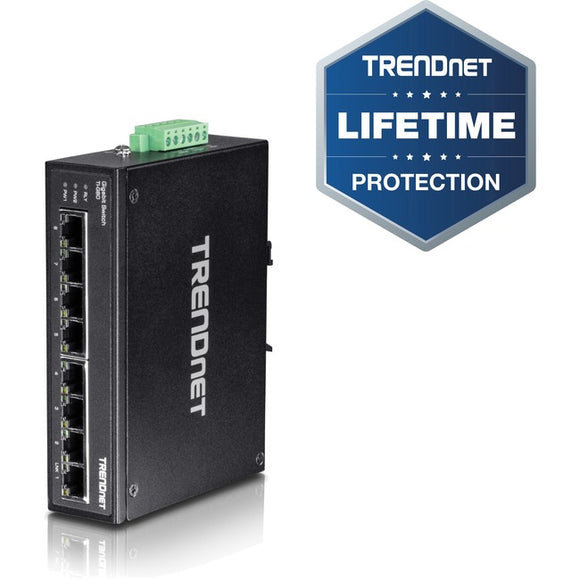TRENDnet 8-Port Hardened Industrial Gigabit DIN-Rail Switch, 16 Gbps Switching Capacity, IP30 Rated Metal Housing (-40 to 167 ?F), DIN-Rail & Wall Mounts Included, Lifetime Protection, Black, TI-G80