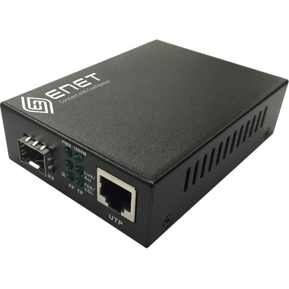 ENET 1x 10/100/1000M Copper RJ45 to 1x 1000Base-X SFP Gigabit Ethernet Fiber Media Converter Stand-Alone - Power Supply Included, Chassis/Rack Mountable with one SFP slot (without SFP). The ENMC-FGET-SFP is capable of accepting a wide range of SFP modul