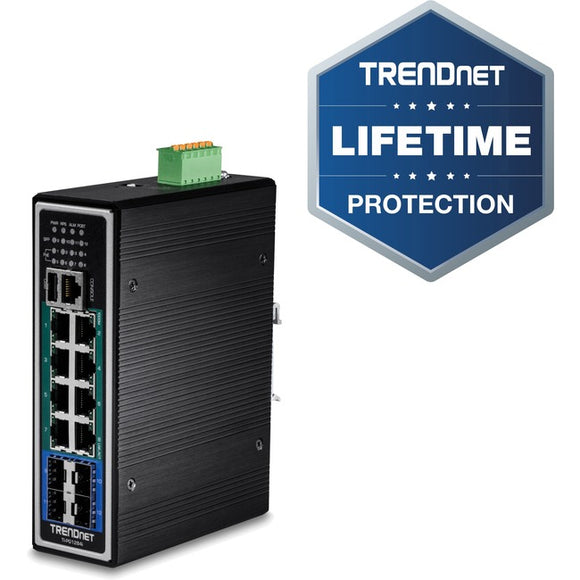 TRENDnet 12-Port Hardened Industrial Gigabit PoE+ Layer 2+ Managed DIN-Rail Switch, 240W Power Budget, Hardened IP30 Network Ethernet Gigabit PoE+ Switch, Lifetime Protection, Black, TI-PG1284i