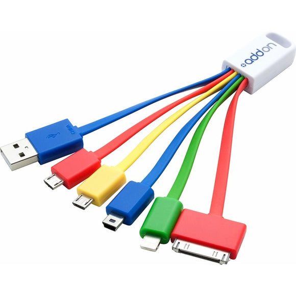 AddOn 4in USB 2.0 (A) Male to 30-Pin, Lightning, Micro-USB and Mini-USB 2.0 (B) Male Multicolored 5-in-1 Charger