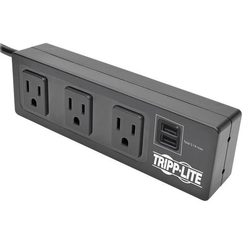 Tripp Lite 3-Outlet Surge Protector Power Strip w/ 2-Port USB Charging Black