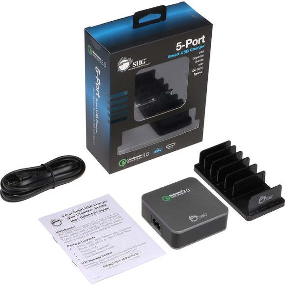 SIIG 5-Port Smart USB Charger plus Organizer Bundle with QC3.0 & Type-C - Black