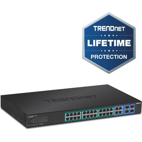 TRENDnet 28-Port Web Smart PoE+ Switch; 24 x Gigabit PoE+ Ports; 4 x Shared Gigabit Ports (RJ-45 or SFP); VLAN; QoS; LACP; IPv6 Support; 370W PoE Power Budget; Lifetime Protection; TPE-5028WS