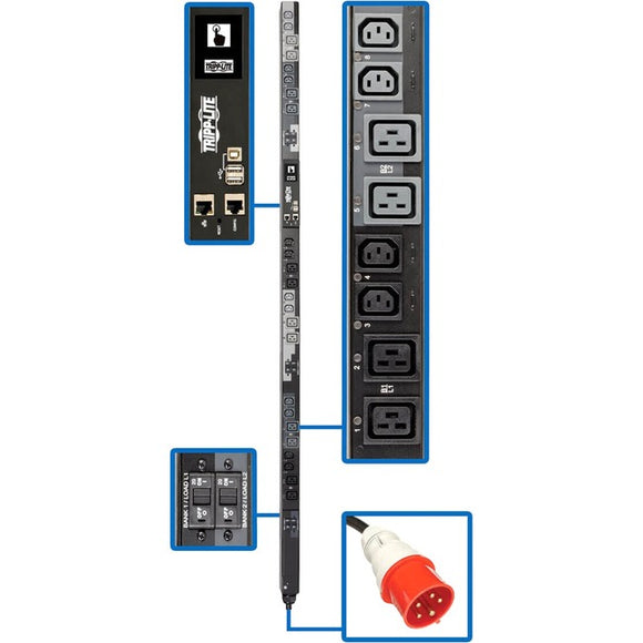 Tripp Lite PDU 17.3kW 220-240V 3PH Switched PDU LX Interface Gigabit 24 Outlets IEC 309 30A Red 380-415V Input Outlet Monitoring LCD 1.8 m Cord 0U 1.8 m Height TAA