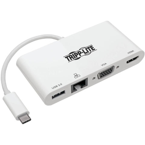 Tripp Lite USB C Docking Station Adapter 4K w/ HDMI, VGA, Gigabit Ethernet, USB-A Hub White, Thunderbolt 3 Compatible