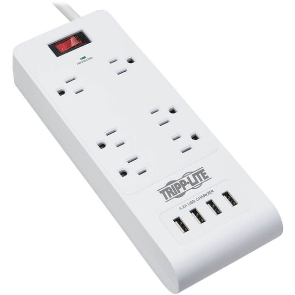 Tripp Lite Surge Protector Power Strip 6-Outlet 4 USB Ports White 15ft Cord