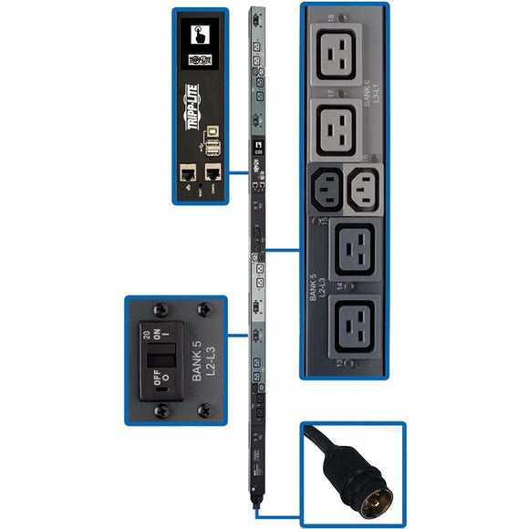 Tripp Lite PDU 14.4kW 208V 3PH Monitored Per-Outlet PDU LX Interface Gigabit 18 Outlets 50A CS8365C Input LCD 1.8 m Cord 0U 1.8 m Height TAA