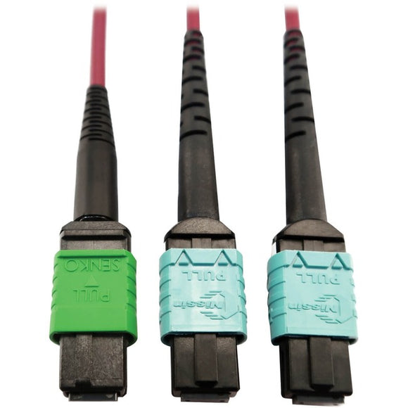 Tripp Lite by Eaton 400G Multimode 50/125 OM4 Plenum Fiber Optic Cable 16F MTP/MPO-APC to (x2) 12F MTP/MPO-UPC (F/F) Magenta 1 m