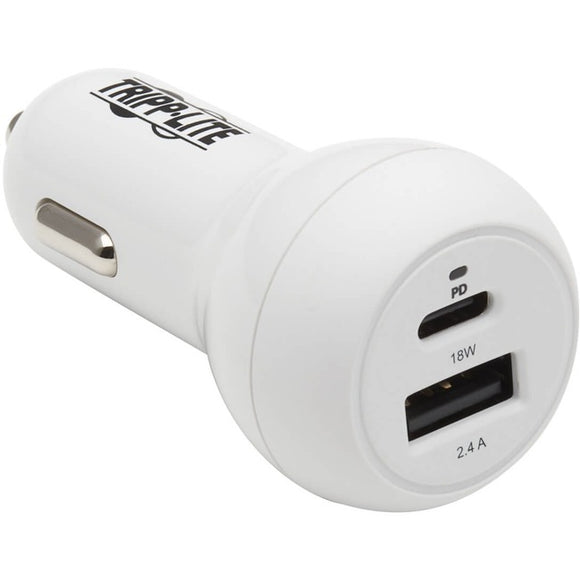 Tripp Lite USB Car Charger Dual-Port USB C 18W, USB-A 12W w/ Lightning Cable