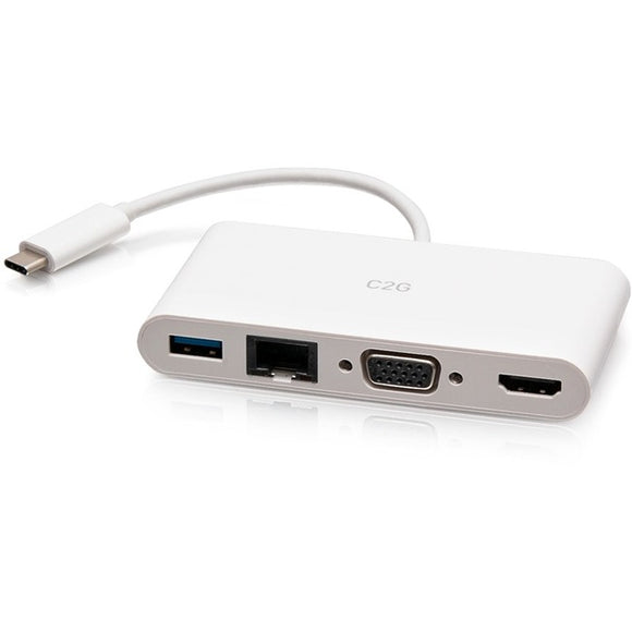 C2G USB C to HDMI, VGA, USB A & RJ45 Adapter - 4K 30Hz - White