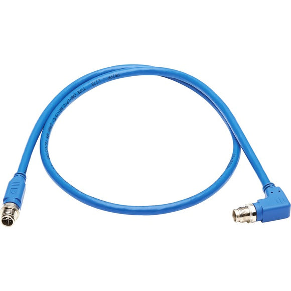 Tripp Lite M12 X-Code Cat6a 10G F/UTP CMR-LP Shielded Ethernet Cable (Right-Angle M/M), IP68, PoE, Blue, 1 m (3.3 ft.)