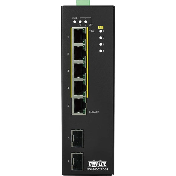 Tripp Lite 5-Port Lite Managed Industrial Gigabit Ethernet Switch - 10/100/1000 Mbps, PoE+ 30W, 2 GbE SFP Slots, -10° to 60°C, DIN Mount