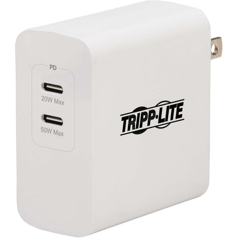 Tripp Lite Dual-Port Compact USB-C Wall Charger - GaN Technology, 70W PD Charging (50W+20W or 65W Max), White